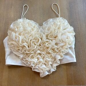 Zara Top Cropped Cream Heart Ruffle Spaghetti Strap Size S